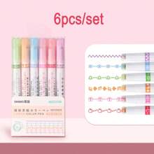 6pcs Highlighter Pens, Calligraphy Curve Pens, Roller Flower Pens, Double-Headed Stamp Outline Pens, Creative Wave Flower Rollerball Pens, School Supplies,Back To School