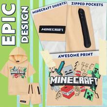 Minecraft Hoodie Shorts Tracksuit Set 2 Pcs Creeper Gamer Summer Short Sleeved Hooded Sweatshirt Zipped Pockets Sports Casual Activewear - Brown - View 4
