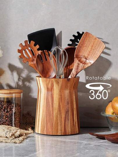 LEEAN Acacia Wood Utensil Holder For Kitchen Counter, 360° Rotating Wooden Cooking Utensil Crock For Countertop,7.2in/ 5.9in Large Utensil Organizer For Spatula, Farmhouse Kitchen Decor
