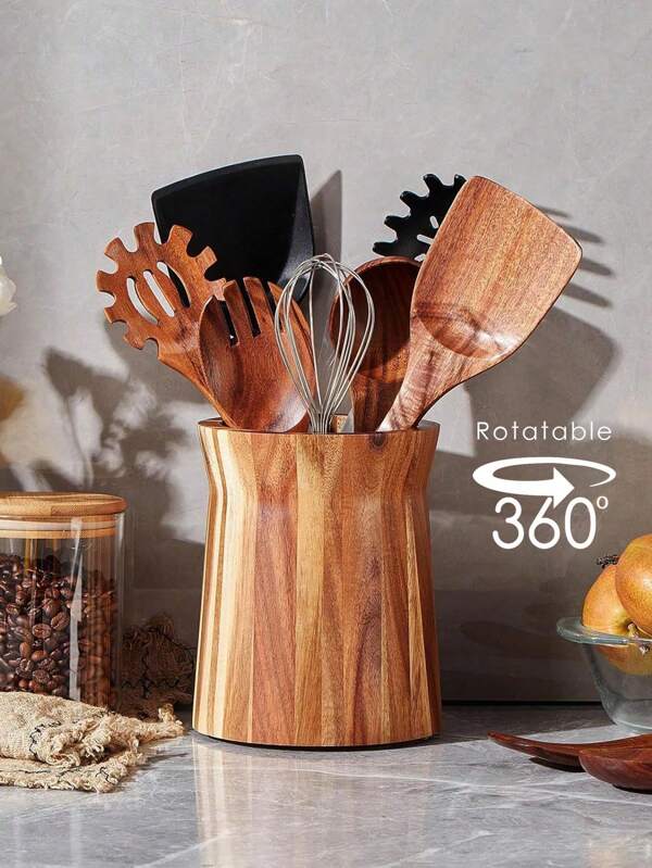 Acacia Wood Utensil Holder For Kitchen Counter, 360° Rotating Wooden Cooking Utensil Crock For Countertop,7.2in/ 5.9in Large Utensil Organizer For Spatula, Farmhouse Kitchen Decor