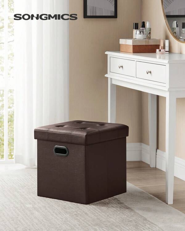 SONGMICS 15 Inches Folding Storage Ottoman, Cube Footrest, Puppy Step, Coffee Table With Hole Handles, Max. Static Load 660 Lb, Faux Leather