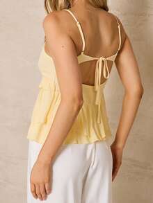 Women's Ruffle Cami Tops Sleeveless Spaghetti Strap V Neck Tie-Up Back Camisole Tops - 黃色 - 查看 3