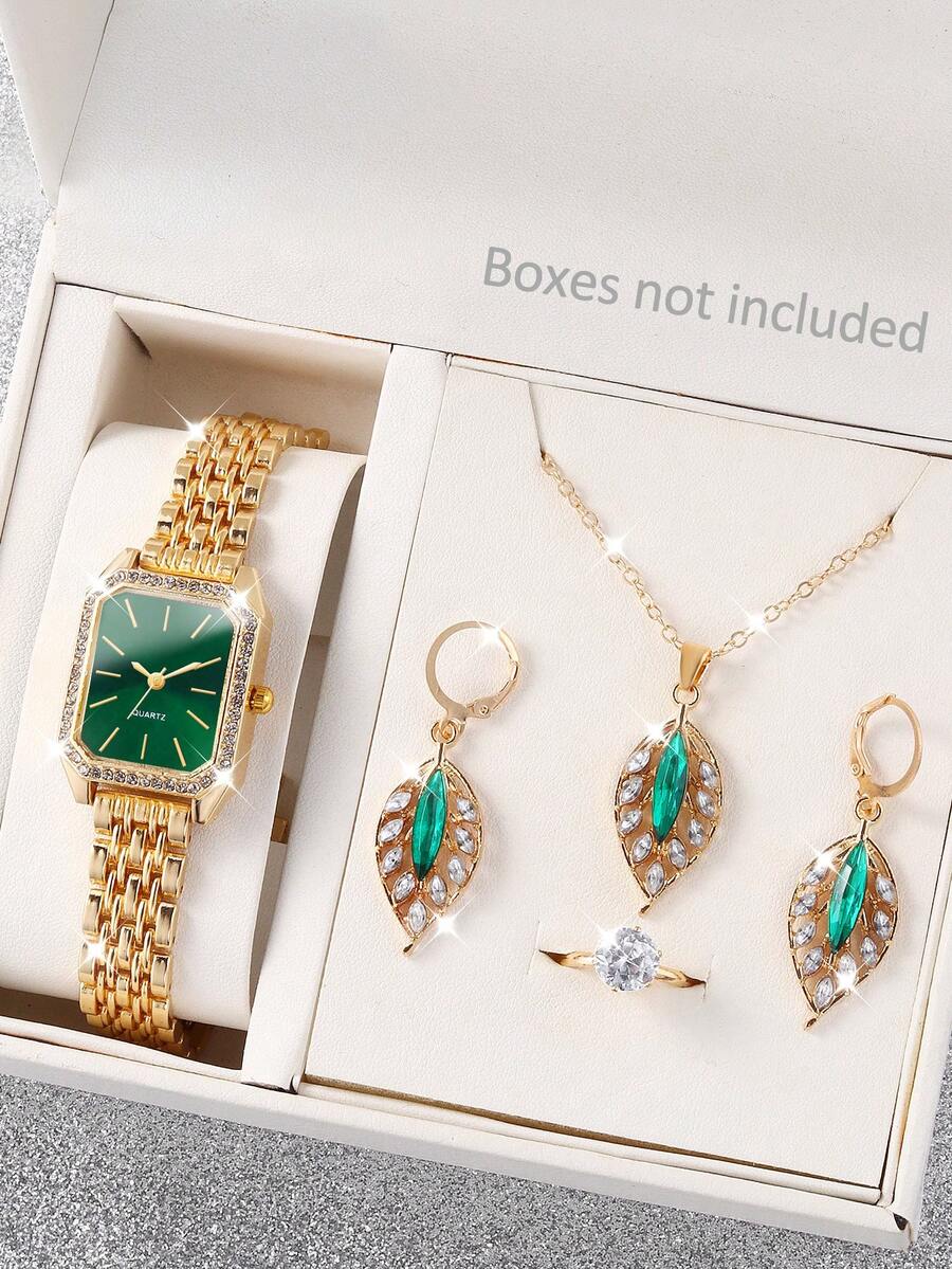 5pcs Luxury Square Green Dial Quartz Watch & Green Leaf Earrings, Necklace, Ring Set, Best Back To School Gift, Elegant Birthday Present, Versatile Summer Accessory