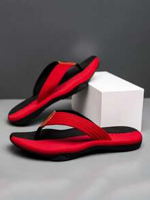 男士夏季凉鞋防滑沙滩人字拖休闲舒适度假拖鞋 - 紅色 - 查看 3