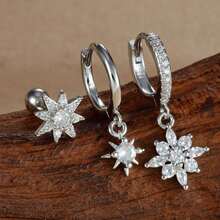 3pcs/Set Boucles d'oreilles pendentif étoile & lune plaquées or 18K, style femme, incrustées de zirconium cubique, boucles d'oreilles à tige en cuivre et acier inoxydable, boucles d'oreilles à vis, bijoux de perçage du cartilage - Ensemble de boucles d'oreilles 3 pièces - Voir 14