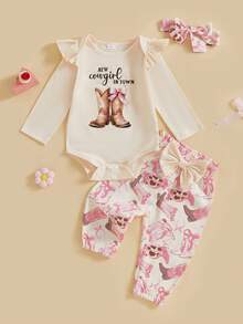 Conjunto de 3 piezas de pantalones para niñas pequeñas, mameluco de manga larga con estampado de letras y pantalones con estampado de caballos y botas, conjuntos de diadema - Caqui - Ver 1