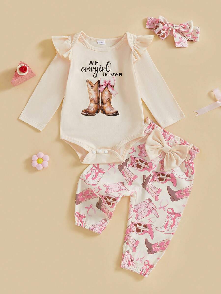 Conjunto de 3 piezas de pantalones para niñas pequeñas, mameluco de manga larga con estampado de letras y pantalones con estampado de caballos y botas, conjuntos de diadema - Caqui - Ver 1