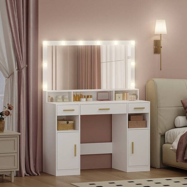 HaluPeit Dressing Table With Large Mirror, Vanity Desk With Mirror LED, 3 Light Colors, Makeup Desk, 3 Drawers, 2 Storage Cabinets, 5 Open Compartments, 40 * 108 * 140 Cm, For Bedroom, White