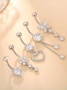 Set de 5 piezas de 14g de barras de ombligo de acero inoxidable con aros colgantes de ombligo para mujer, joyería de perforación con colgantes de corazón, flor y mariposa en plata y oro