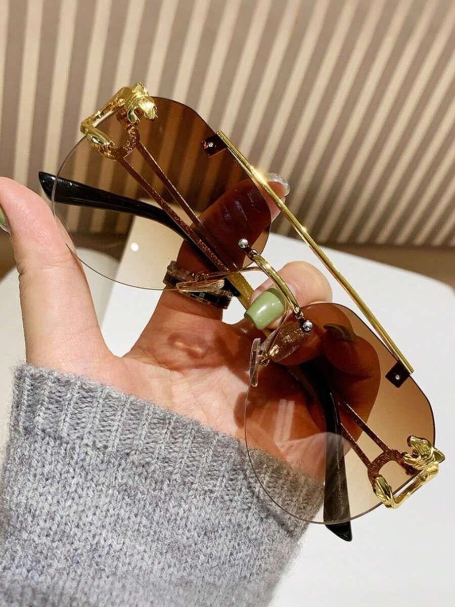 1 Cặp kính thời trang unisex tròng oval, gọng kim loại họa tiết da báo, thiết kế tối giản cổ điển. - màu nâu - Xem 1