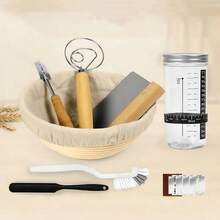 带有高级工具的酸面团发酵剂套装，包括 22 盎司高品质酸面团发酵剂、硅胶发酵篮、面团刮刀、划痕板，非常适合烘焙初学者和爱好者