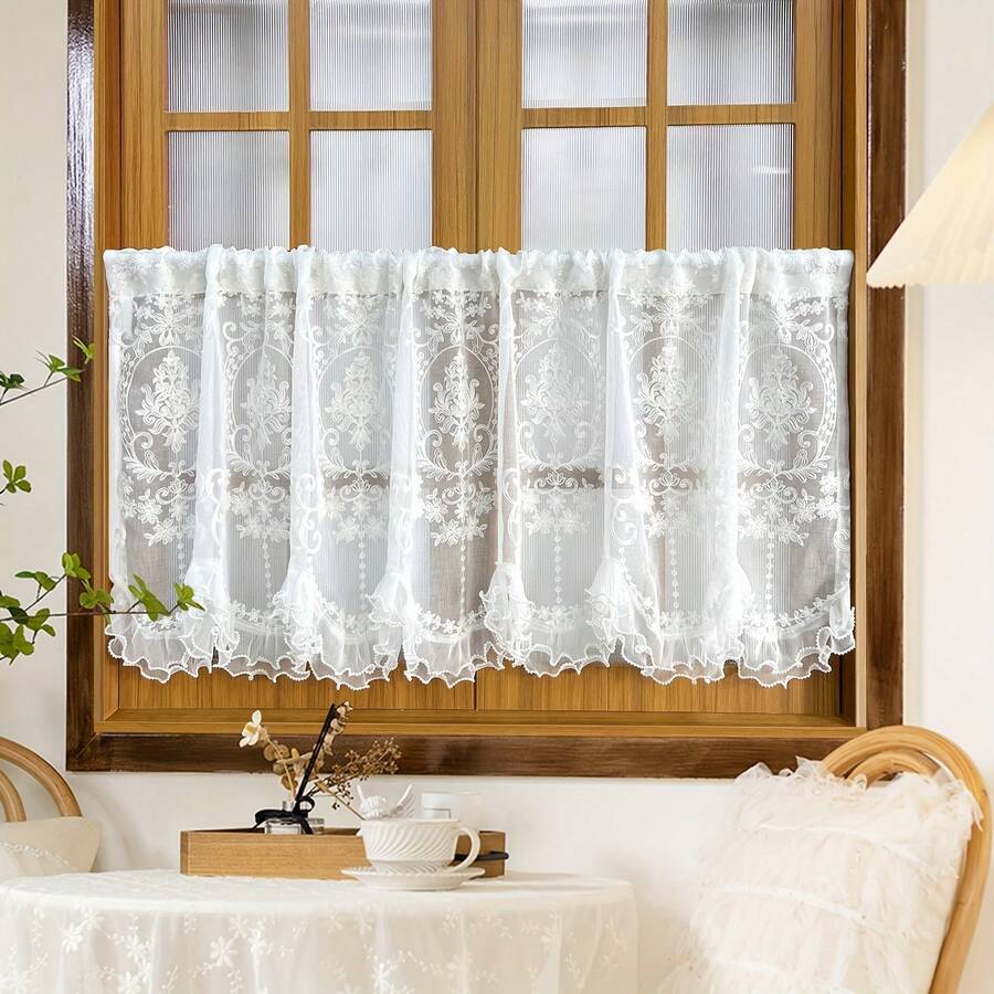 1pc French, European, American Style Rod Pocket Sheer Curtain, Window Valance, Short Curtain, Partition Curtain - White - View 1