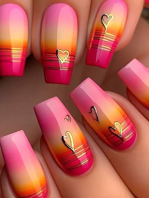 24 uñas postizas naranja-rojo brillantes de longitud media - Uñas falsas desmontables con diseño de nubes del atardecer y decoración de uñas elegante diaria para glamorizar fiestas/citas/regalos
