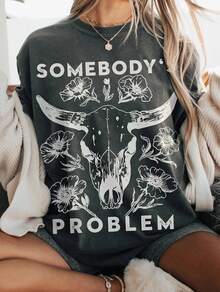 Vintage Somebody's Problem Cowgirl Rodeo T-Shirt – Retro Y2K Bootleg Graphic Tee | Heavy Cotton Oversized Women Top With Round Neck & Short Sleeve | Vintage Cotton Tee For Cowgirl Fans & Rodeo Lovers - A3 - 查看 2