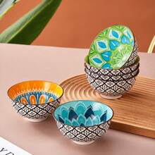 6pcs/Set - 4.72 Inch Glazed Ceramic Bowls, Bohemian Style Ceramic Bowl Set, Cereal Bowl, Soup Bowl, Dessert Bowl, Salad Bowl, Rice Bowl, Dishwasher/Oven/Microwave Friendly, Multi-Functional Kitchen Tableware, Suitable For Home And Restaurants,School Supplies