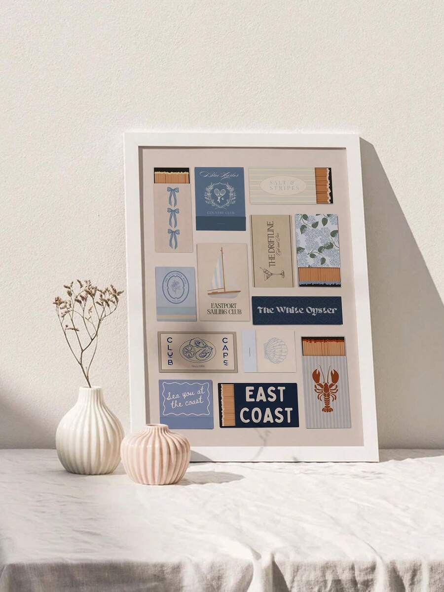 1 件蓝色火柴盒拼贴画，沿海千禧年壁画，学院风东海岸美学，海滩风墙画，无框 - 彩色 - 查看 1