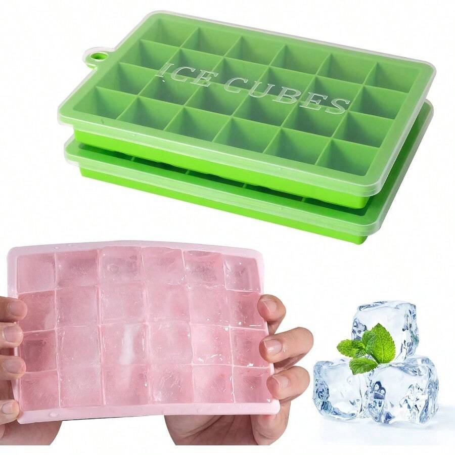 Ice Cube Trays 2 Pack Silicone Ice Cube Molds Super Easy Release With Lid 24Pcs 1Cubes Per Mold  Silicone  Stackable Ice Trays For Whiskey Baby Food Chocolate Dishwasher Safe - Xanh lá cây (2 chiếc) - Xem 1