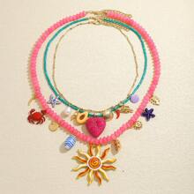 3pcs Bohemian Handmade Beaded Ocean Style Crab, Heart, Starfish, Avocado Pendant Multilayer Necklace For Women, Cute Beach Holiday Lobster, Shell, Chili Pepper Beaded Necklace Accessories (Handmade, Pendant Position Random, Beads Color May Have Minor Flaws)