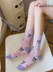 Sanrio 2/4/8 paires de chaussettes mi-mollet mixtes à motifs de dessins animés Sanrio Kuromi, confortables et respirantes, convenant pour le style casual, Lolita, l'uniforme scolaire JK et le port quotidien