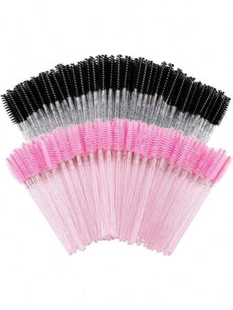 50/100/200pcs Disposable Mascara Wands, Nylon Bristle Eyelash Brush Spoolies, Unscented Eyebrow Extension Applicator With ABS Plastic Rod, Normal Skin Compatible - Pink And Black Wand Set