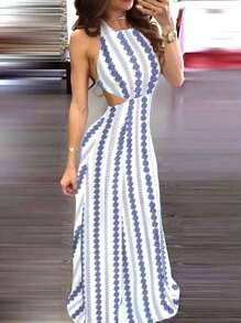 Women Geometric Print Backless Halter Dress