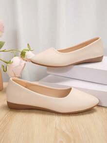 女士纯色平底鞋，舒适一脚蹬软底鞋，休闲百搭芭蕾平底鞋 - 杏色 - 查看 2
