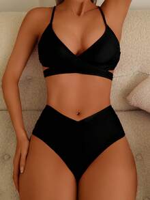 2pcs Women's Fashion Bikini Set, Swimsuit Top And Bottom, Casual Vacation