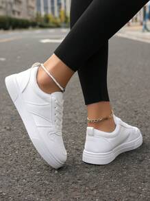 Nuevos tenis blancos de moda para mujer, planos con suela gruesa, con cordones, transpirables y cómodos para uso casual y deportivo
