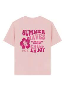 Teen Girls Casual Graphic Print Round Neck Short Sleeve T-Shirt, Summer Top - Pink - View 2