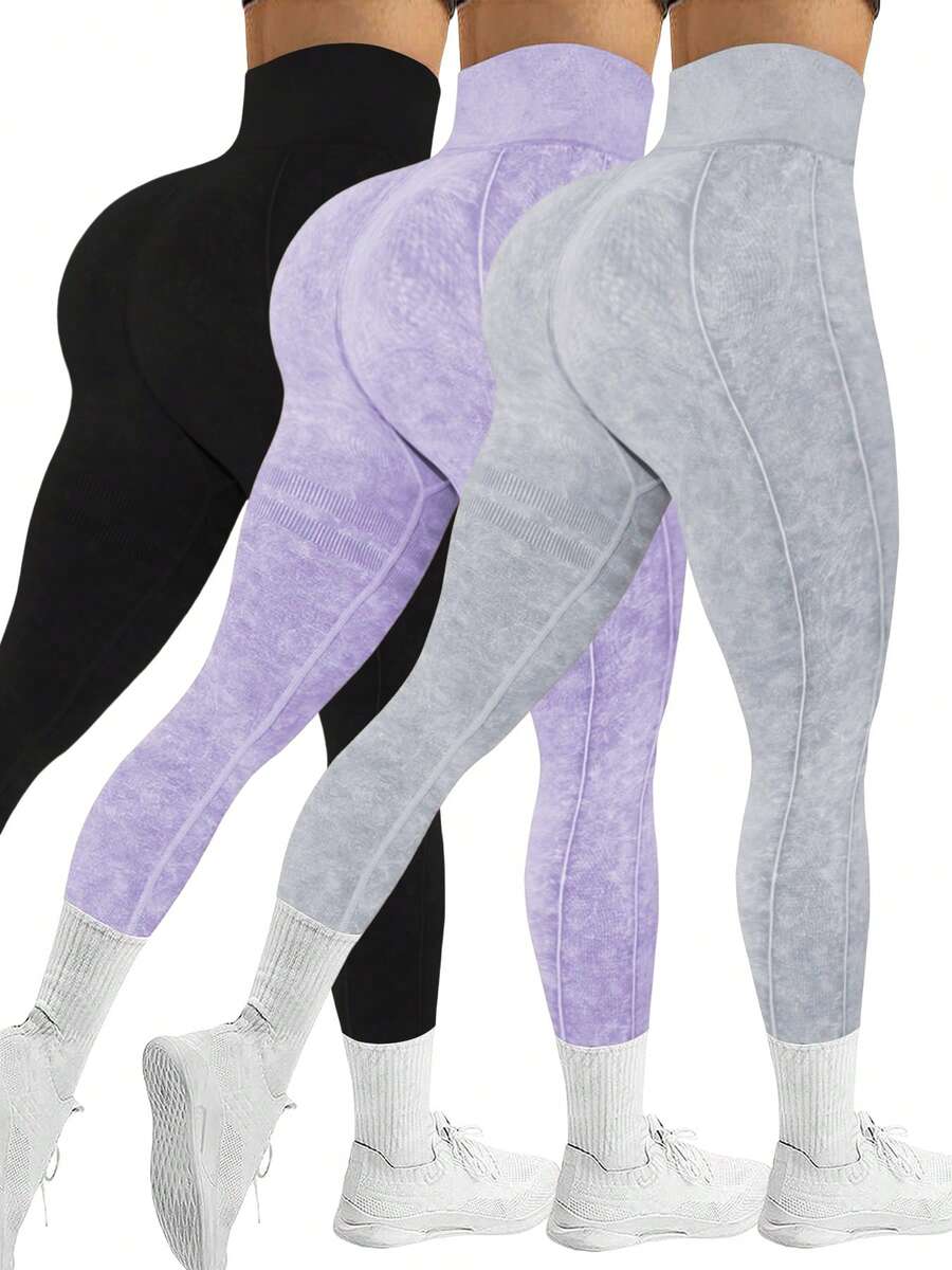 3Pcs/Set Women Seamless Outdoor Suede Sports & Yoga Pants, High Waist High Stretch Breathable Moisture Wicking, Peach Hip Shaping, Versatile Sports Leggings, Soft Touch Tights - Multicolor - View 1