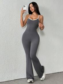 1pc Sleeveless Solid Color Thin Camisole Jumpsuit, Contrast Color Wide Leg Flare Design Casual Sexy Backless Romper