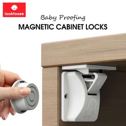 LOOKTOSEE Bộ 6/8 Khóa tủ từ tính cho bé | Thiết yếu cho an toàn gia đình, Khóa ngăn kéo chống trẻ em không cần khoan với keo dán dễ lắp đặt + 1 móc chìa khóa & nhãn dán mở khóa