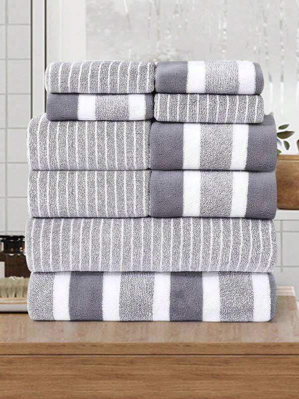 10 Stücke Set | Modernes minimalistisches gestreiftes Korall-Fleece Handtuchset, 4 Gesichtshandtücher + 4 Handtücher + 2 Badetücher/10 Gesichtshandtücher, schnelltrocknend, weich & bequem, sehr saugfähig, zum Gesichtewaschen, Händetrocknen, Haartrocknen, Baden, geeignet für Zuhause, Hotel, Küche, Bad, Fitnessstudio, Pool, Reisen, Spa, Yoga, ideales Geschenk zum Valentinstag, Schulanfang für Schönheitssalon, Badezimmer Zuhause