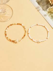 2pcs Summer Sexy Beach Glass Beads Anklet, Versatile Handmade Beaded Starfish & Turtle Anklet Set, Bohemian Style Jewelry