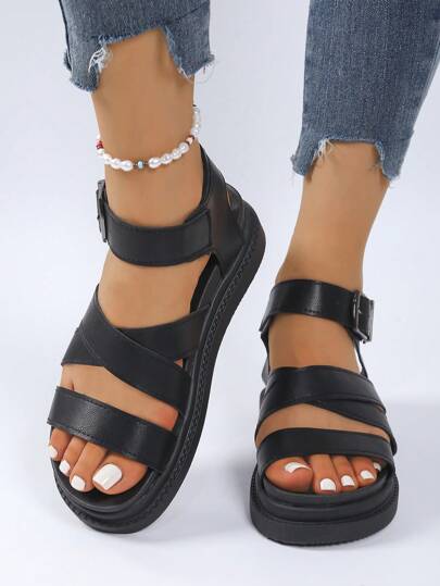 Women Solid Color Platform Thick Bottom Sandals, Casual Buckle Summer Sandals, Comfortable Open Toe Sandals, Women Roman Flat Sandals, Solid Color Open Toe Criss-Cross Lace-Up Non-Slip Shoes