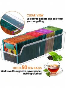 Tea Bag Organizer, Tea Bag Storage Box, Clear Storage Holder Storage Bins For Tea Bag, Sugar Packet, Coffee Bag, Spice Pouches, Multifunctional Plastic Organizer Box, 2-Compartment Desktop Organizer, Storage Box For Cabinet, Countertop, Pantry