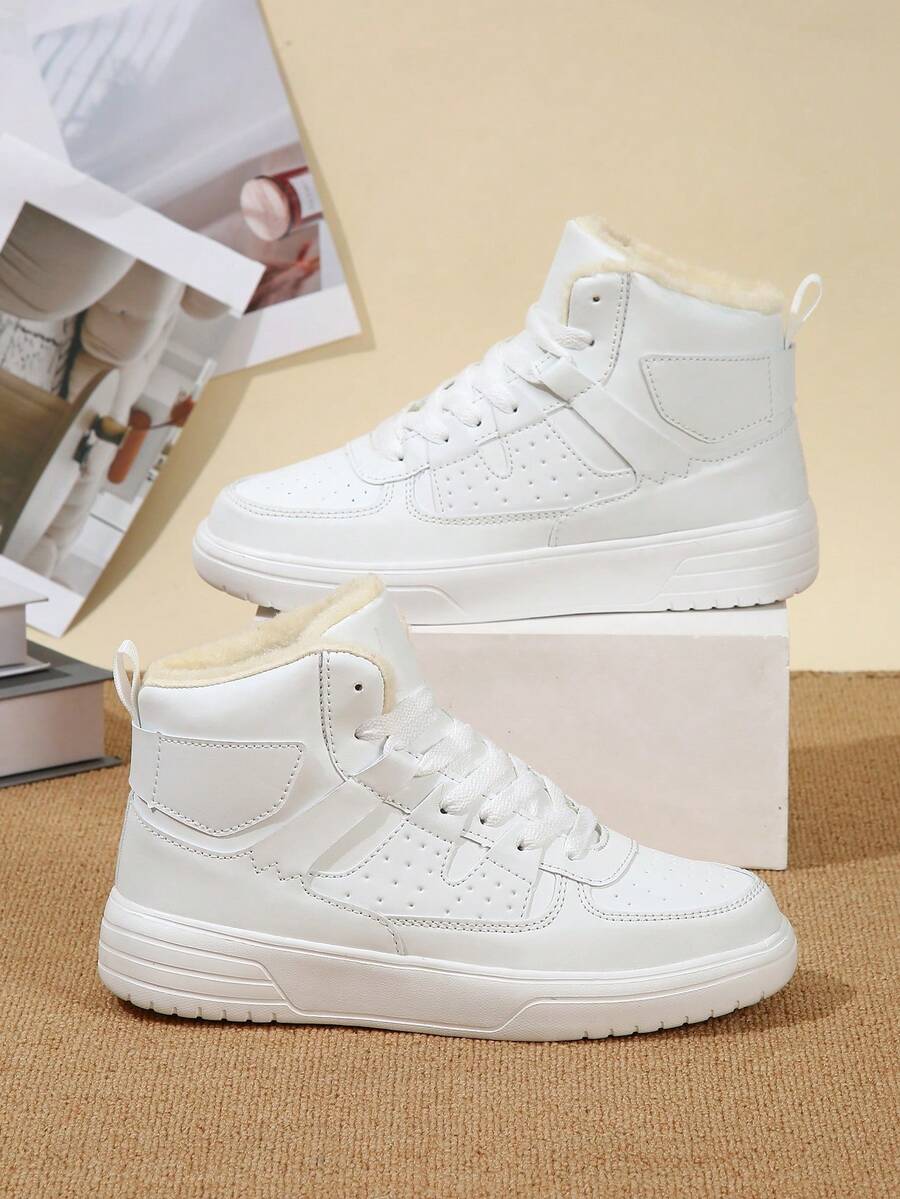 Women's Classic High-Top Ankle Boots, Warm Winter Sporty Shoes, Versatile Casual Shoes, Lace-Up Round Toe Comfortable Skateboard Shoes, Holiday Gift, Winter Essential Athletic Shoes - trắng - Xem 1