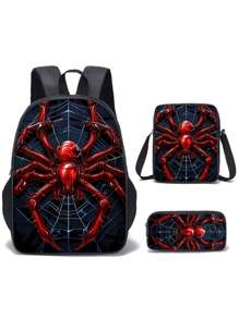 3 pièces Set de sacs à dos, Imprimé araignée/Imprimé jeu, Unisexe, Sac à déjeuner, Trousse, Sac à dos
