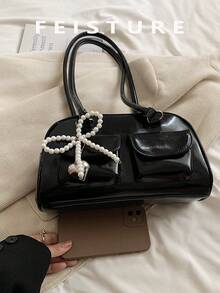 女士春夏时尚托特包，大容量多口袋通勤手提包，适合音乐节、派对活动，配有蝴蝶结吊饰 - 黑色 - 查看 8