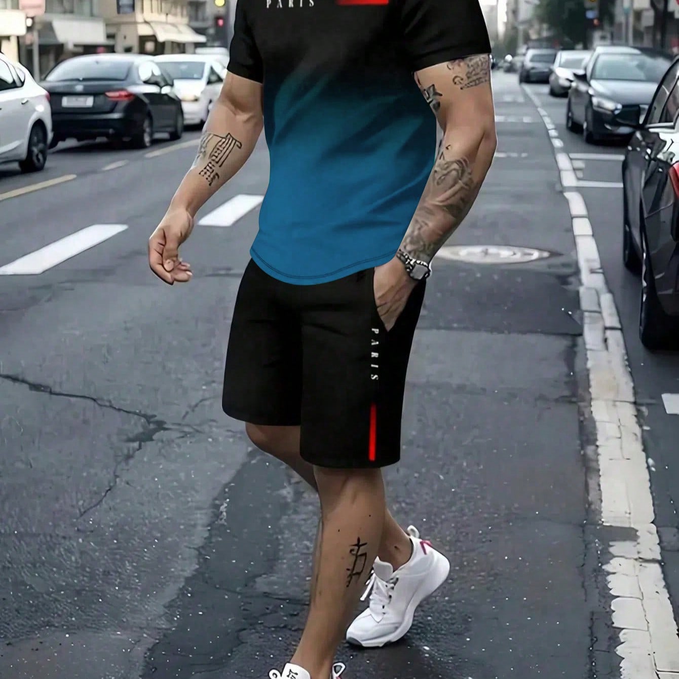 Conjunto de 2 piezas de ropa deportiva de verano para hombre, camiseta de manga corta con estampado degradado de la letra "PARIS" en negro y gris, rop