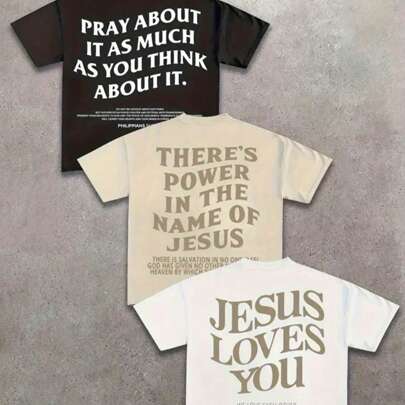 Double Sided Printed (220 Cotton T-Shirt) 3-Piece Set With Bold Letters "JESUS SAVES" Printed Men's Summer Round Neck Short Sleeved Casual Cotton Prin