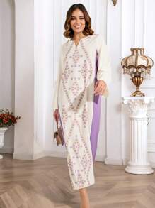 Abito lungo con scollo a V e maniche lunghe con stampa floreale per donne