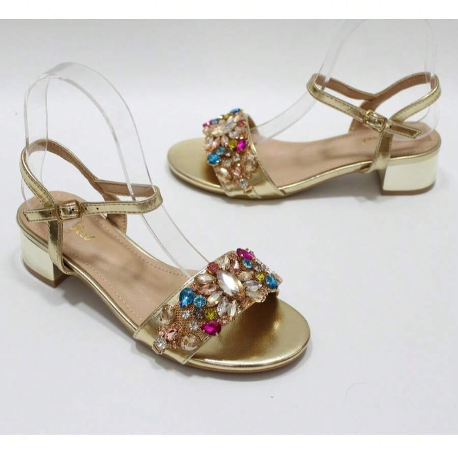 Fashionable Shallow Gold Rhinestone Chunky Low Heel Sandals For Women For Spring And Summer - Gold - View 1