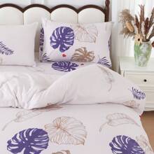 3Pcs Purple & Coffee Tropical Plant Leaf Quilt Set (2*Pillowcase, 1*Duvet Cover, No Core) Simple And Fresh Bedding, Super Soft And Comfortable, Zipper Sealing, Universal For All Seasons, Ideal For Decorating Bedrooms, Rooms And Dormitories.