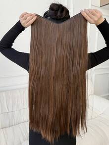 18 英寸长直发接发 4 个安全夹 V 型接发夹浅棕色接发，耐热纤维合成假发，适合日常派对