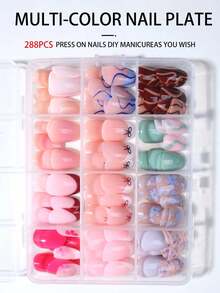288片/盒（12种不同款式）短椭圆花朵法式美甲贴纸，短亚克力美甲贴纸，全覆盖假指甲，带收纳盒，适合女性和女孩日常生活和派对，美甲用品。 - 彩色 - 查看 6