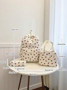 3件套可爱草莓印花旅行背包，大容量，适合上学、毕业典礼及各种场合。新款青少年背包，灯芯绒材质，草莓印花，适合小学生、初中生和高中生。 - 米色 - 查看 10