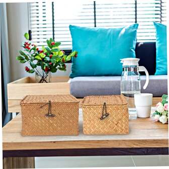 Caja de almacenamiento cuadrada de estilo japonés retro tejida en ratán con tapa, puede guardar ropa, suministros de costura, artículos varios, disponible en 3 tamaños: 14cm/17cm/20cm, con cierre de tapa | Diseño tradicional | Construcción de bambú