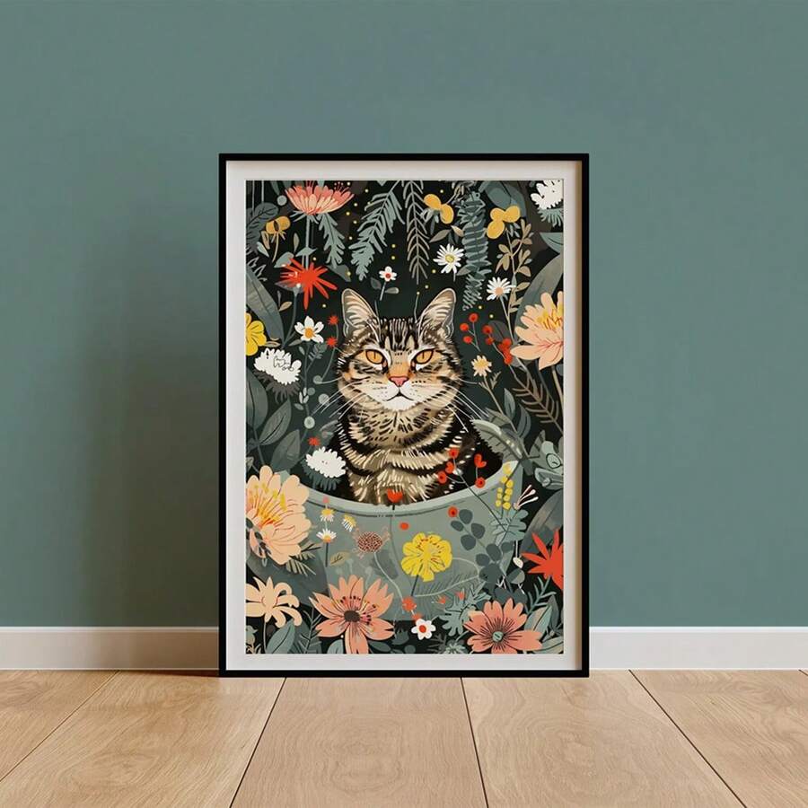 1pc, Wall Arts, Vintage Posters, Tabby Cat Wall Decor, Bohemian Kitty Jungle Bathtub Print, Minimalist Botanical Decor, Eclectic Tropical Poster, Cat Mom Dad Owner Gift, Living Room Decor, Bedroom Decor Aesthetic, Housewarming Gift, Unframed - Multicolor - View 1