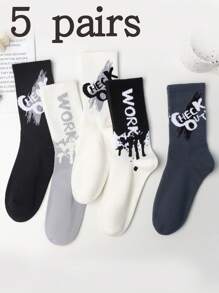 5 Pairs Men's Mixed Color Original Letter Black & White Crew Socks, Suitable For Daily Wear, Great Gift For Family And Friends
